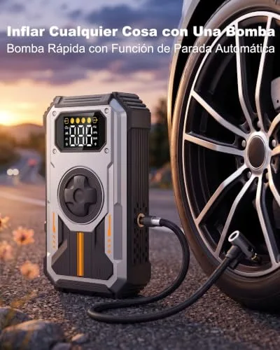 Eigotrav ▫️ Arrancador de baterias de automóvel 6000 A, compressor de ar 150 PSI, Booster de bateria 7 em 1 de 12 V (para 10 L de gasolina ou 8,5 L de gasóleo), arrancador de automóvel com ecrã LCD, lanterna LED, prata 3