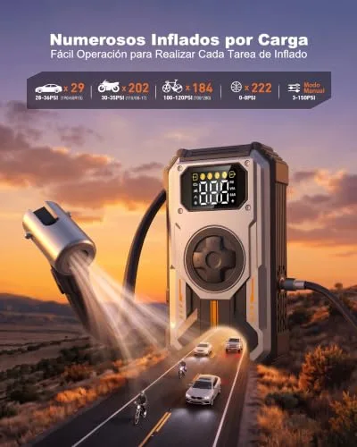 Eigotrav ▫️ Arrancador de baterias de automóvel 6000 A, compressor de ar 150 PSI, Booster de bateria 7 em 1 de 12 V (para 10 L de gasolina ou 8,5 L de gasóleo), arrancador de automóvel com ecrã LCD, lanterna LED, prata 4
