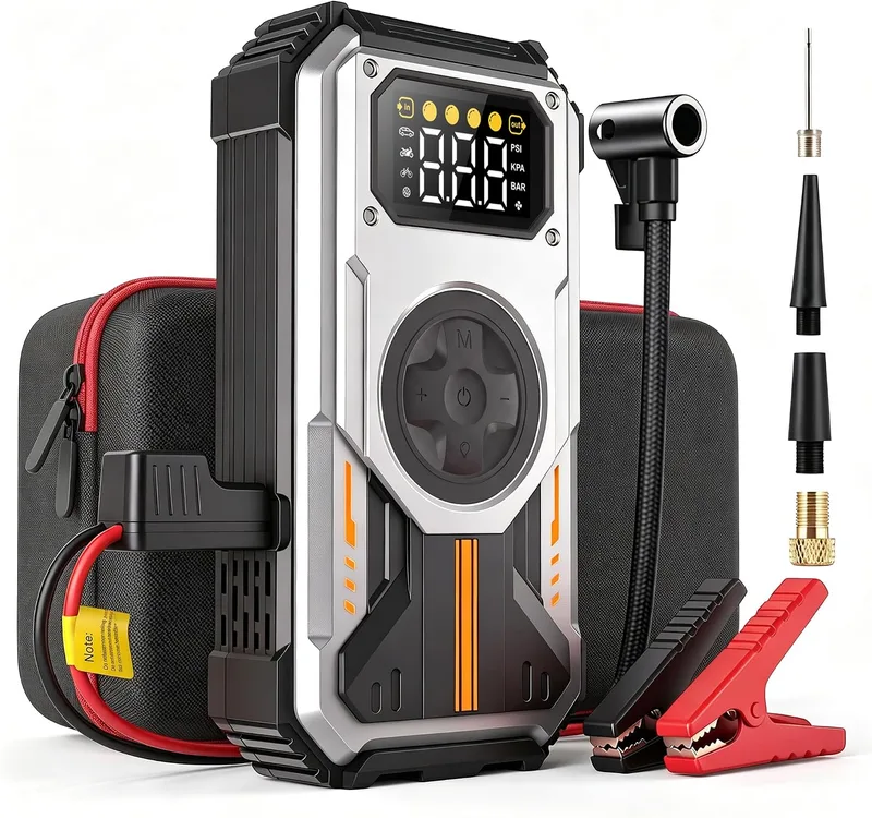 Eigotrav ▫️ Arrancador de baterias de automóvel 6000 A, compressor de ar 150 PSI, Booster de bateria 7 em 1 de 12 V (para 10 L de gasolina ou 8,5 L de gasóleo), arrancador de automóvel com ecrã LCD, lanterna LED, prata