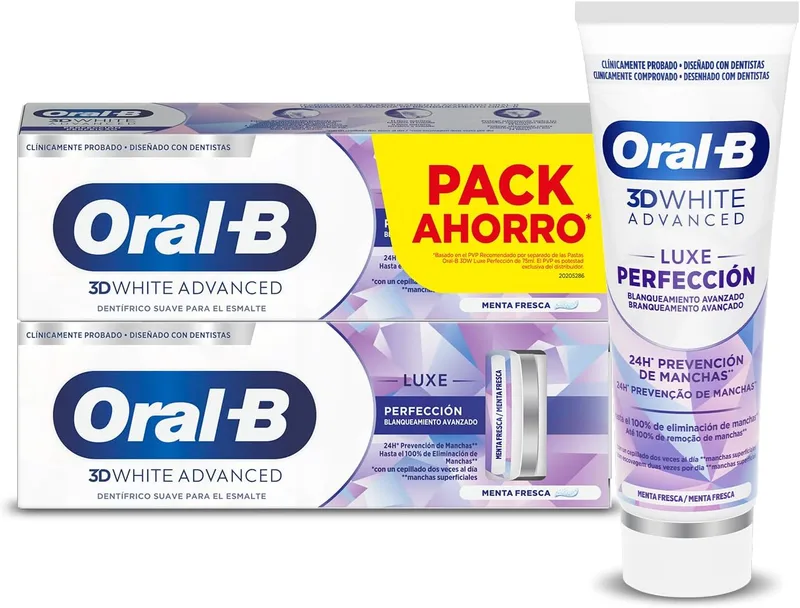 Oral-B ▫️ 3D White Advanced Luxe Perfection Pasta de dentes branqueadora, Embalagem 2x75 ml, Branqueamento avançado, Pasta de dentes com flúor, Sabor a hortelã-pimenta
