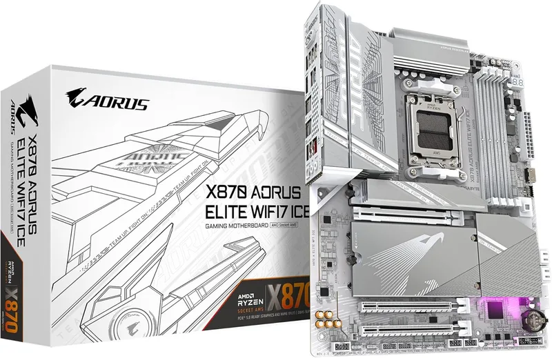 Gigabyte Technology ▫️ Placa-mãe GIGABYTE X870 AORUS Elite WIFI7 Ice - Compatível com CPUs AMD Ryzen 9000, VRM digital de 16+2+2 fases, até 8000 MHz DDR5 (OC), 3xPCIe 5.0, Wi-Fi 7, LAN 2,5 GbE, USB 4