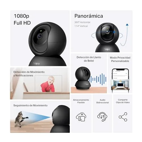 Tapo ▫️ C201 - Câmara de vigilância Wi-Fi para interior, 1080p, 360°, visão noturna, preta 3
