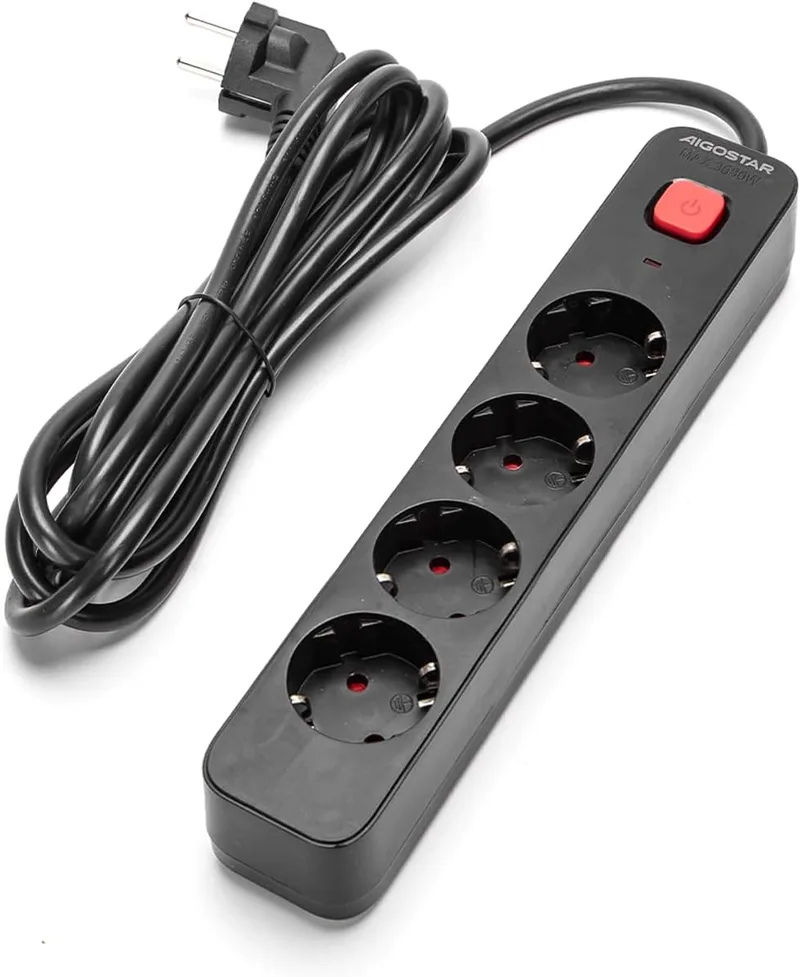 VoltShine ▫️ Régua de energia de 4 vias com interrutor, cabo de 3 m, 3G, 1,5 mm², preto; Ideal para ligação segura de dispositivos eléctricos.