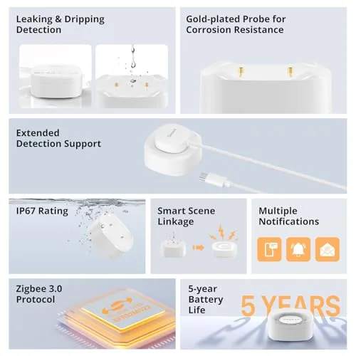 SONOFF ▫️ SNZB-05P Detetor de Água Zigbee + Cabo Sensor de Água WLDC200, Detetor de Água para Cozinhas, Caves e Casas de Banho, Compatível com Alexa e Google, Requer um Hub Zigbee. 3