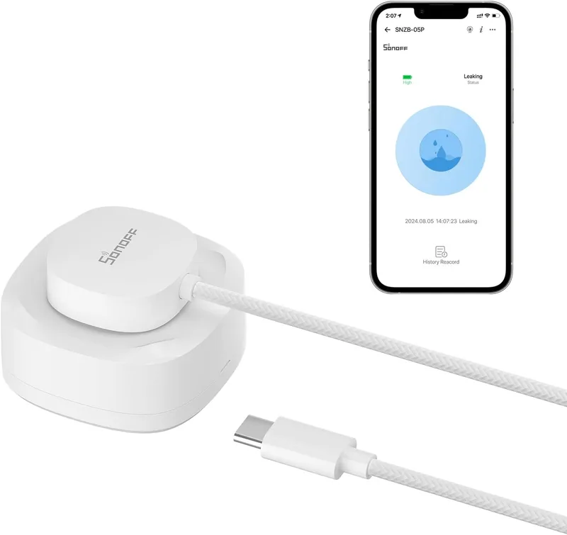 SONOFF ▫️ SNZB-05P Detetor de Água Zigbee + Cabo Sensor de Água WLDC200, Detetor de Água para Cozinhas, Caves e Casas de Banho, Compatível com Alexa e Google, Requer um Hub Zigbee.
