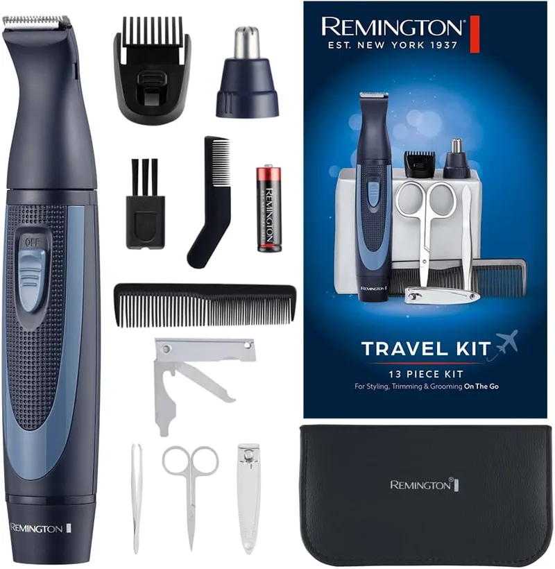 Remington ▫️ Remigton NE3890 Aparador de pêlos do nariz e das orelhas, 2 acessórios, aparador de precisão, lâminas de aço inoxidável, funcionamento a pilhas, kit de 13 peças, com mala de transporte