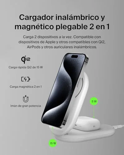 Belkin ▫️ Carregador magnético dobrável BoostCharge Qi2 de 15 W, estação de carregamento sem fios compatível com MagSafe, carregamento rápido para iPhone 17, Air, Pixelsnap, base com suporte antiderrapante - Branco 2