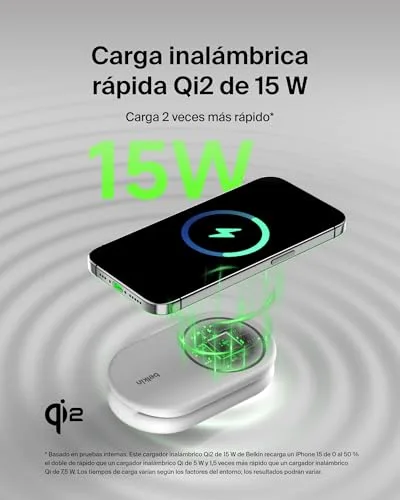 Belkin ▫️ Carregador magnético dobrável BoostCharge Qi2 de 15 W, estação de carregamento sem fios compatível com MagSafe, carregamento rápido para iPhone 17, Air, Pixelsnap, base com suporte antiderrapante - Branco 3