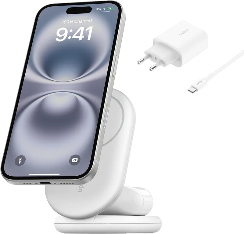 Belkin ▫️ Carregador magnético dobrável BoostCharge Qi2 de 15 W, estação de carregamento sem fios compatível com MagSafe, carregamento rápido para iPhone 17, Air, Pixelsnap, base com suporte antiderrapante - Branco