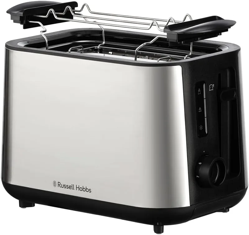 Russell Hobbs ▫️ Torradeira ranhuras grandes, 6 níveis de dourado, função de elevação extra, descongelar, reaquecer e cancelar, função "levantar e ver", aço inoxidável escovado, Heaton 27390-56