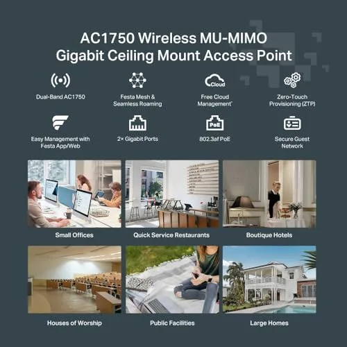 TP-Link ▫️ Festa F54 | Ponto de acesso Wi-Fi 5 de banda dupla AC1750, montagem no teto, 1 porta PoE Gigabit, gestão centralizada gratuita na nuvem, configuração e utilização fáceis, sem necessidade de intervenção de TI. 4
