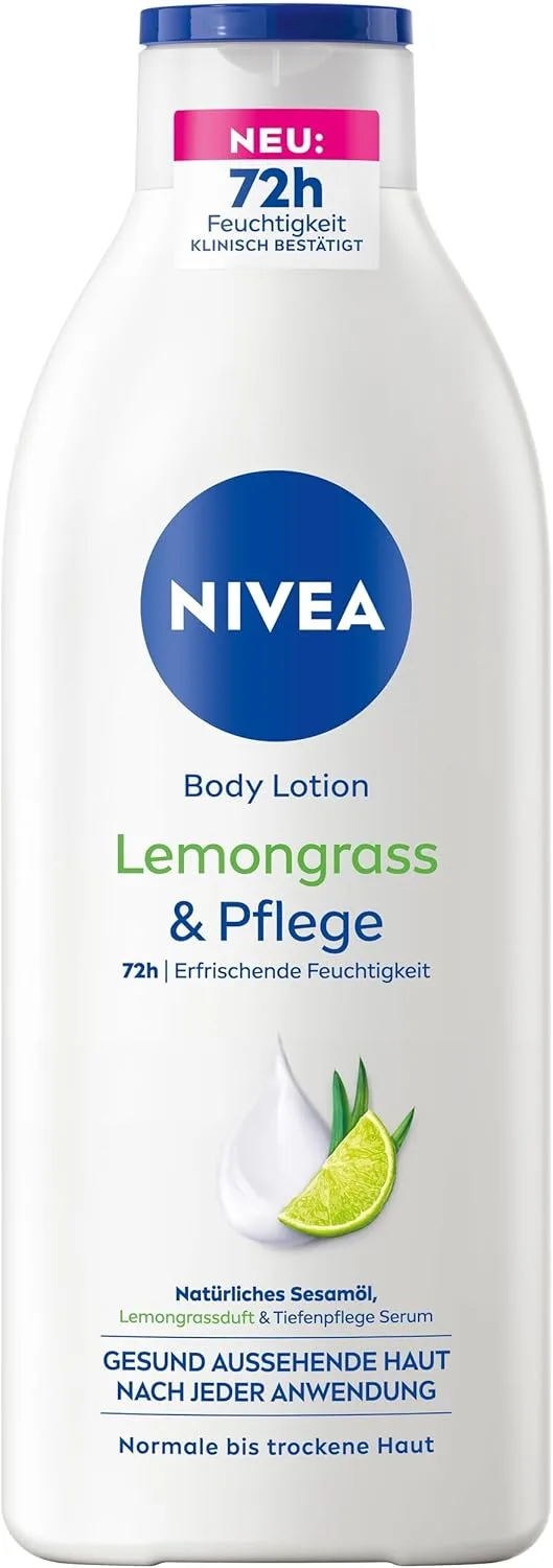 NIVEA ▫️ Lemongrass Body Lotion (400 ml), loção corporal com fragrância natural de sésamo e lemongrass, hidratante corporal para 72 horas de hidratação refrescante.