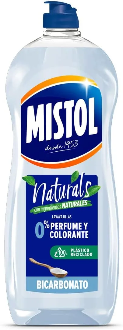 Mistol ▫️ Bicarbonato Naturals | Máquina de lavar loiça hipoalergénica | Fórmula sem perfume e sem corantes | Máximo cuidado para peles sensíveis e eficácia de limpeza impecável | 650 ml