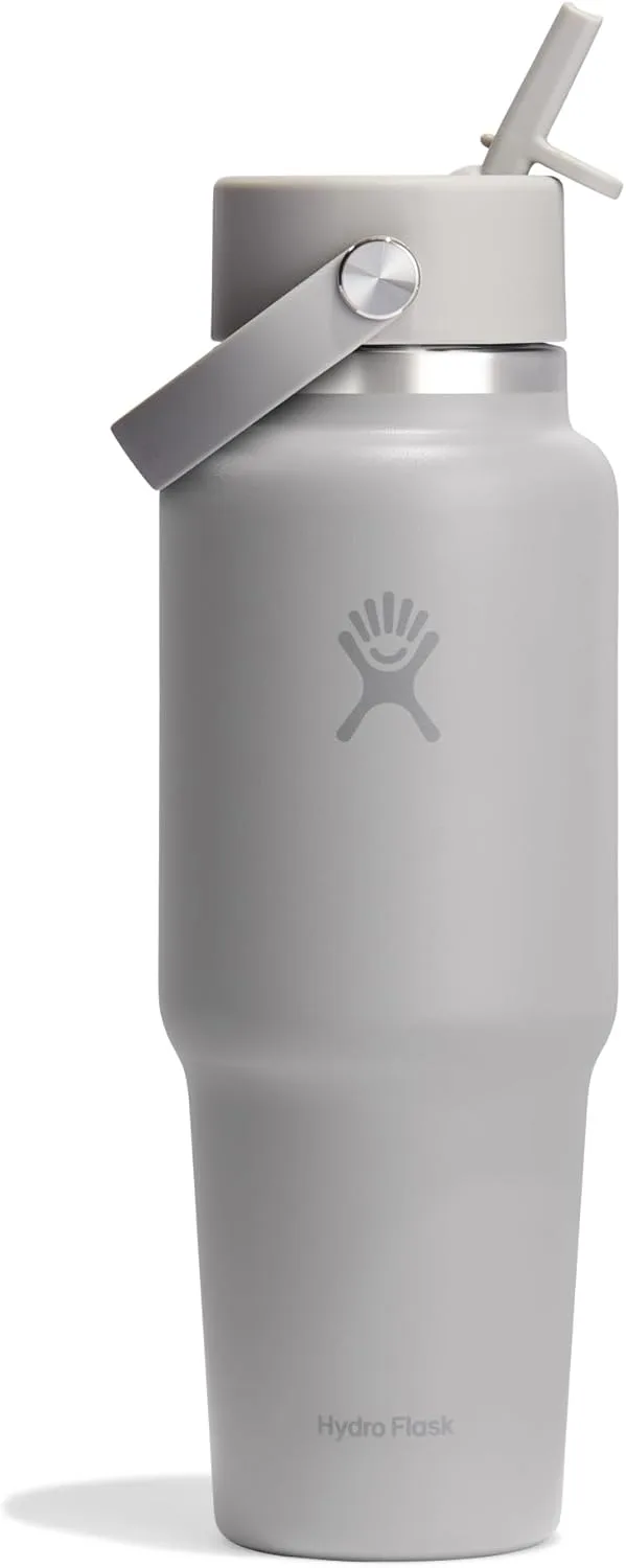 Hydro Flask ▫️ Garrafa de viagem com palhinha flexível e larga 946 ml (32 oz) - À prova de fugas, compatível com a maioria dos suportes para copos - Isolada, 24 horas de frio - Boca larga, adequada para cubos de gelo - Bétula