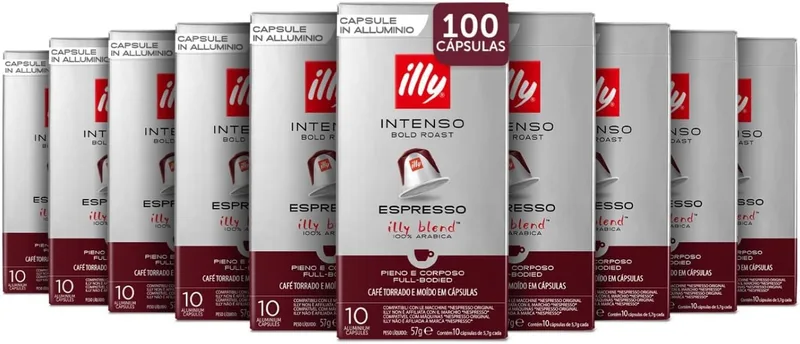 illy ▫️ Cápsulas de Café de Alumínio Compatíveis INTENSE, 100% Arábica com Notas de Cacau e Nozes, Sabor Forte e Intenso, 10 Embalagens de 10 (100 Cápsulas no Total)