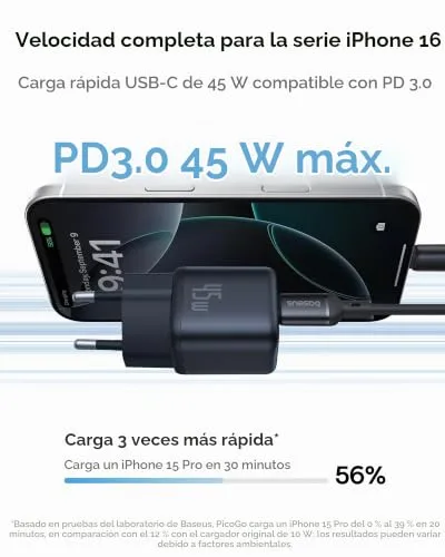 Baseus ▫️ Carregador USB-C PicoGo 45 W, Carregador compacto de carregamento rápido GAN PD3.0 PPS para iPhone 16 Pro Max/15/14/13, Galaxy S24/S23/S23+/S23 Ultra/S22/S21/S20, Pixel, iPad/iPad Mini, Preto 2