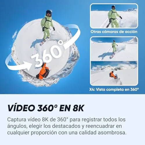 Insta360 ▫️ Pacote X4 para Snowboard - Câmara de ação à prova de água 8K 360°, vídeo 4K grande angular, efeito «selfie stick invisível», protetores de lente removíveis, bateria com 135 minutos de autonomia, edição com IA 2