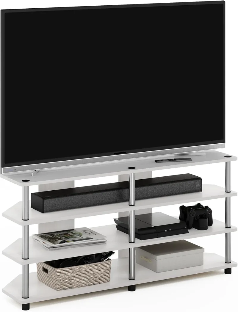 Furinno ▫️ ECON TV Furniture 4 Levels Corner Entertainment Centre TV Console Up To 55 Inch Easy To Assemble For Living Room Bedroom White Oak Stainless Steel Tubes