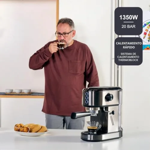Black+Decker ▫️ Máquina de café expresso BXCO1350E | 1350 W | 20 bar | Sistema Thermoblock | Filtros para 1 e 2 chávenas | Bico de vapor orientável | Reservatório removível de 1 L | Aquecedorde chávenas e tabuleiro coletor de gotas 2