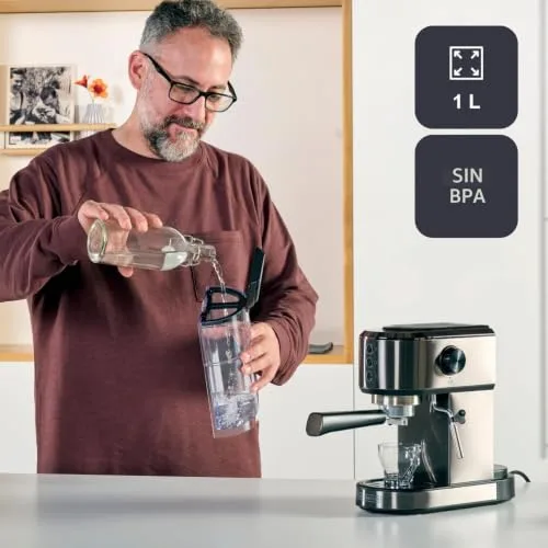 Black+Decker ▫️ Máquina de café expresso BXCO1350E | 1350 W | 20 bar | Sistema Thermoblock | Filtros para 1 e 2 chávenas | Bico de vapor orientável | Reservatório removível de 1 L | Aquecedorde chávenas e tabuleiro coletor de gotas 6