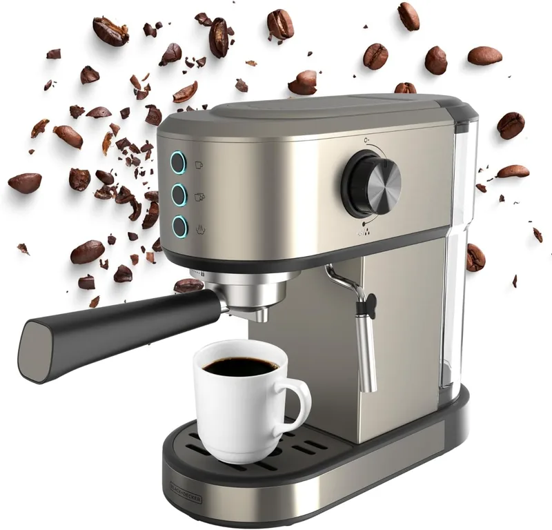 Black+Decker ▫️ Máquina de café expresso BXCO1350E | 1350 W | 20 bar | Sistema Thermoblock | Filtros para 1 e 2 chávenas | Bico de vapor orientável | Reservatório removível de 1 L | Aquecedorde chávenas e tabuleiro coletor de gotas
