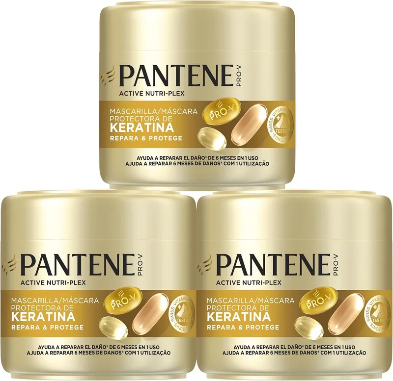 Pantene ▫️ Máscara Protetora de Queratina Pro-V Repara & Protege 3X300ml Para Cabelo Seco e Estragado. Ajuda a reparar 6 meses de danos numa só utilização