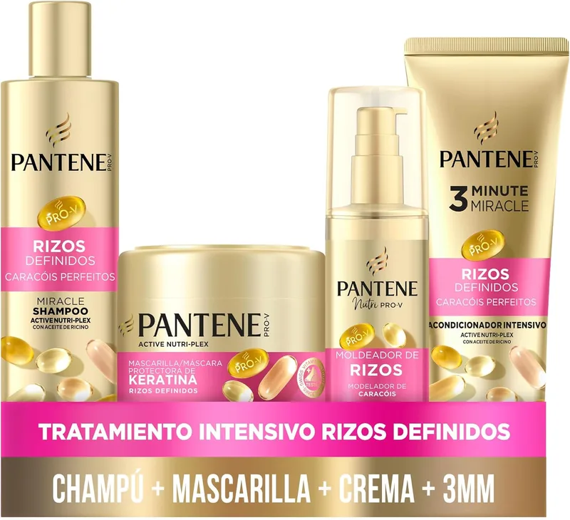 Pantene ▫️ Cachos Definidos - Conjunto de Champô, Máscara, Amaciador e Produto Modelador | 300 ml + 220 ml + 145 ml, para cabelos encaracolados rebeldes e crespos