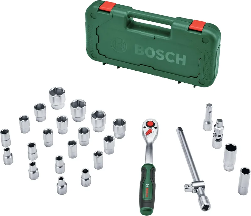 Bosch ▫️ Conjunto de catracas 1/2", 25 pcs. (catraca potente para bricolage; binário elevado até 768 Nm; botão de bloqueio; interrutor de direção; pescoço curvo; pega ergonómica; mala de transporte)