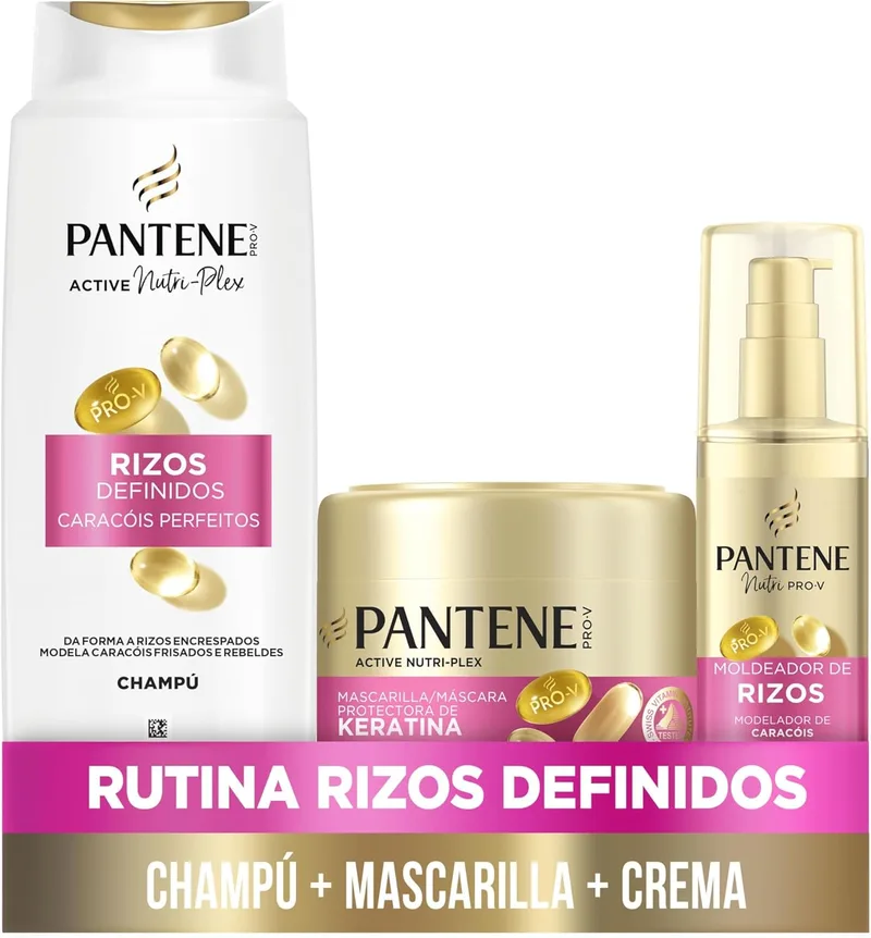 Pantene ▫️ Champô Pro-V Caracóis Definidos 625ml, Máscara 300ml, Modelador de Caracóis 145ml, Caracóis & Frizz Protege as Ligações do Cabelo
