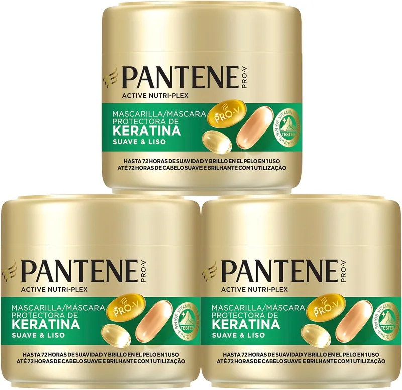 Pantene ▫️ Suave e Liso - Máscara de Queratina para Cabelo Encrespado, 3x300 ml | Até 72 horas de cabelo suave e brilhante com uma única aplicação