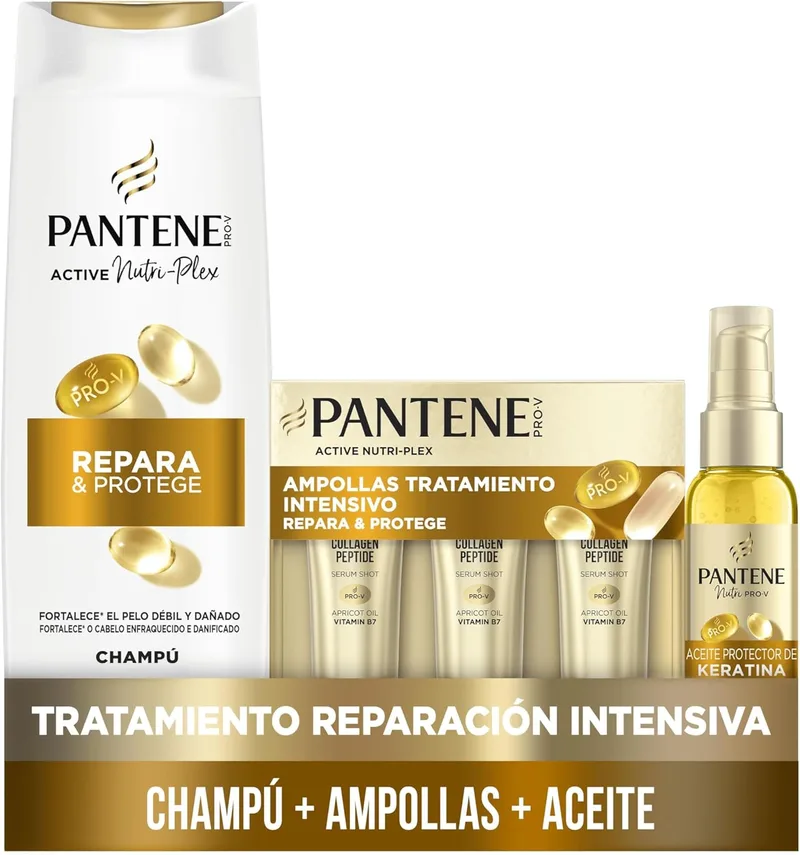 Pantene ▫️ Champô Pro-V Repara & Protege 325ml, Ampolas 3X15ML, Óleo Protetor de Queratina 100ml, Para Cabelos Secos e Danificados. Limpa suavemente. Protege as ligações do cabelo. Sem silicone. Nutri-Plexo Ativo