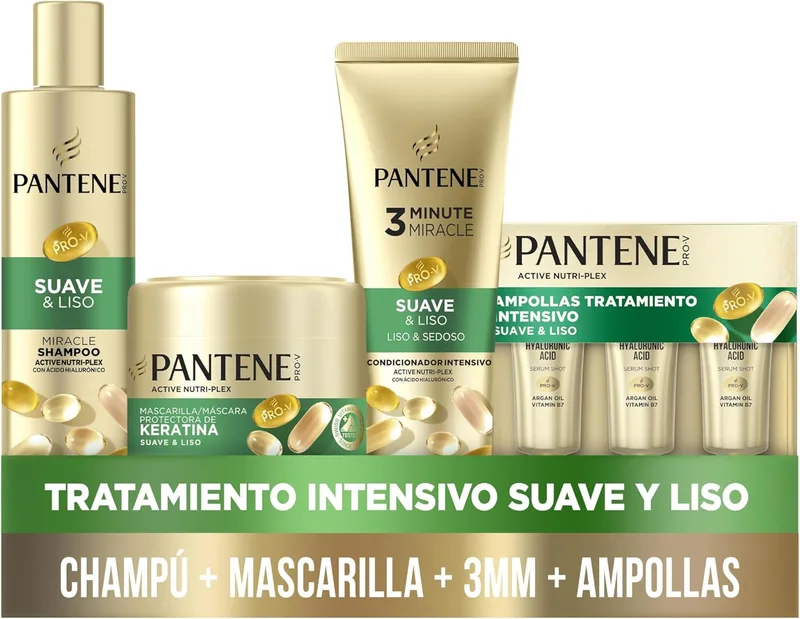 Pantene ▫️ Champô Pro-V Liso & Sedoso 250ML Máscara Protetora de Queratina 300ML, Condicionador 3MM 220ML, Ampola 3X15ML