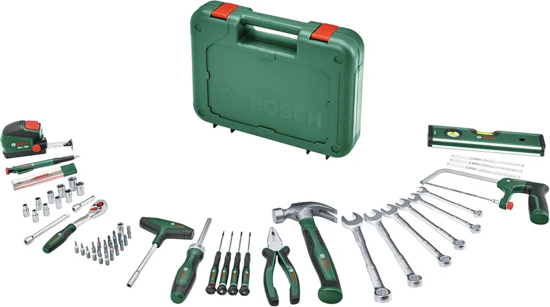 Bosch ▫️ Conjunto de ferramentas manuais avançadas 64 peças (kit de bricolage; alta qualidade; ergonómico; alicates, chaves de porcas, chave de fendas, roquete, flexómetro, serrote, martelo e muito mais)