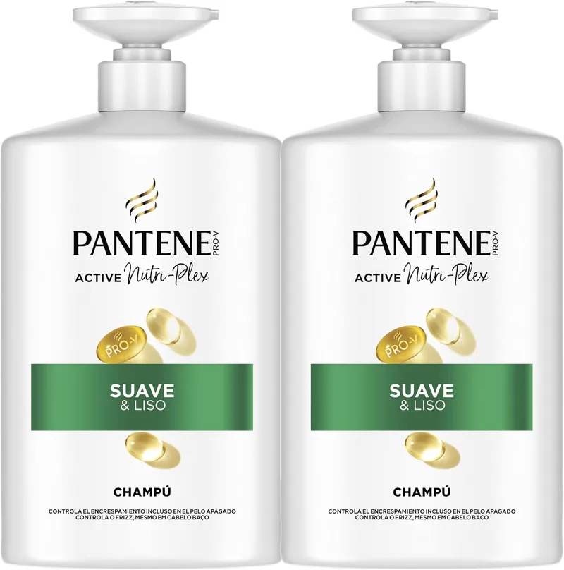 Pantene ▫️ Pro-V Suave e Liso, Champô 2 x 1000 ml com dispensador, para cabelo crespo e sem brilho. Limpeza suave. Protege as ligações capilares. Sem silicones