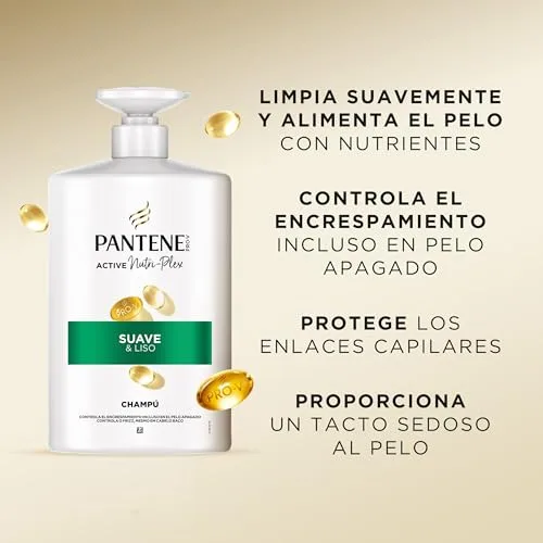 Pantene ▫️ Pro-V Suave e Liso, champô em frasco com dosador de 1000 ml, para cabelo crespo e sem brilho. Limpeza suave. Protege as ligações capilares. Sem silicones. Nutri-Plex 4