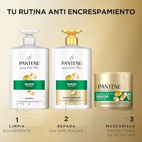 Pantene ▫️ Pro-V Suave e Liso, champô em frasco com dosador de 1000 ml, para cabelo crespo e sem brilho. Limpeza suave. Protege as ligações capilares. Sem silicones. Nutri-Plex 6