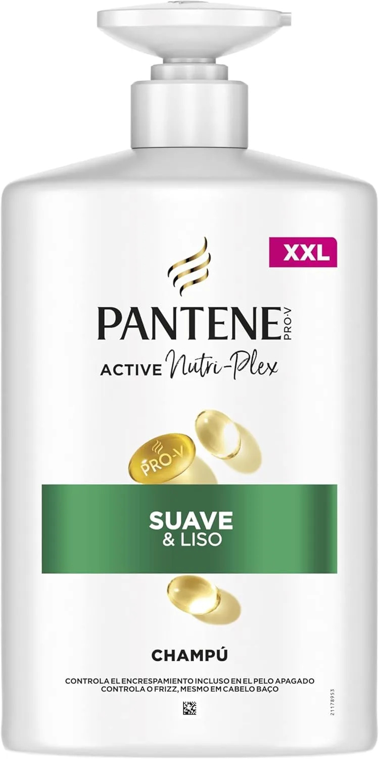 Pantene ▫️ Pro-V Suave e Liso, champô em frasco com dosador de 1000 ml, para cabelos crespos e sem brilho. Limpeza suave. Protege as ligações capilares. Sem silicones. Nutri-Plex