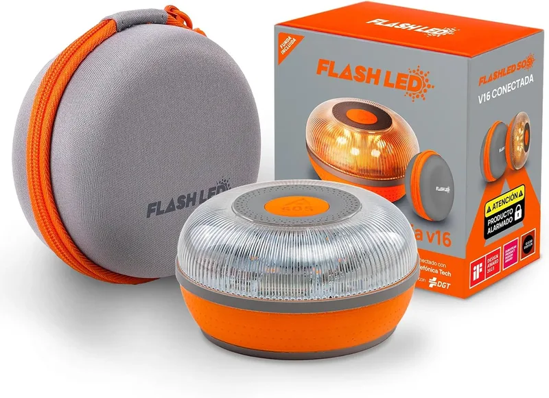 FLASH LED ▫️ Luz de emergência LED FLASH V16, certificada pela DGT 3.0, com geolocalização, aplicação incluída, cartão SIM e serviço de dados gratuito até 2038, base magnética, inclui capa