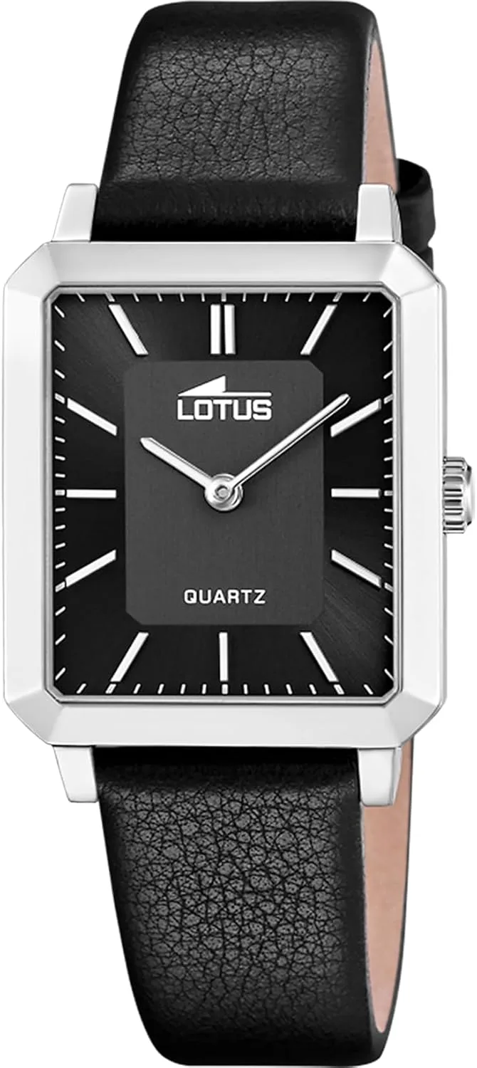 LOTUS ▫️ Relógio analógico para senhora em pele preta - Movimento de quartzo - Cristal mineral de alta resistência - Resistência à água 5 ATM - Elegante, clássico e vintage 18987/4 - Série Square