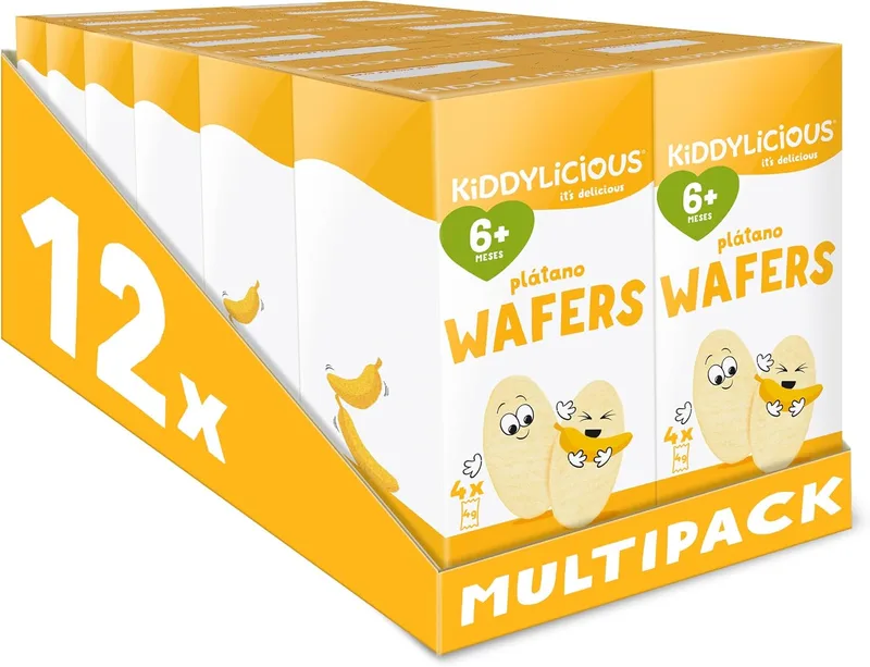 Kiddylicious ▫️ Banana Wafers | Deliciosos Snacks para Bebés | Adequado a partir dos 6 meses | 12 pacotes de 16g (4 pacotes de 4g por pacote) | 192g