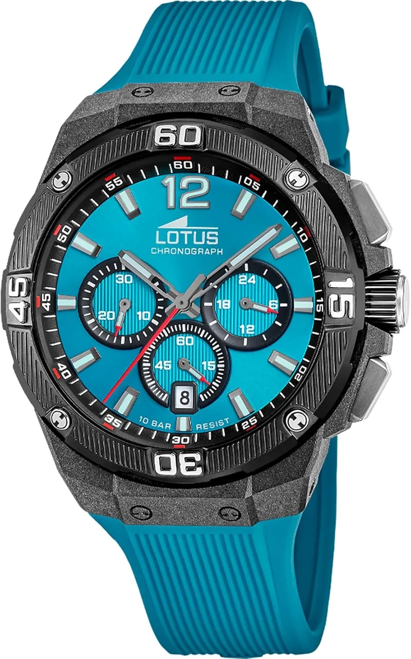 LOTUS ▫️ Relógio analógico para homem em borracha azul - Movimento Quartz - Cronógrafo - Calendário - Cristal mineral de alta resistência - Resistente à água 10 ATM 18975/6 Chrono