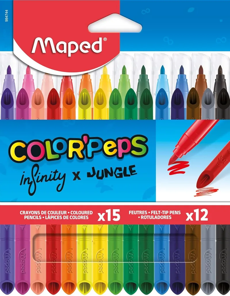 Maped ▫️ Color'Peps Infinity X Jungle, lápis de cor e marcadores, estojo com 15 lápis e 12 cores para pintar, material escolar para crianças e adultos, pinturas em madeira de Para
