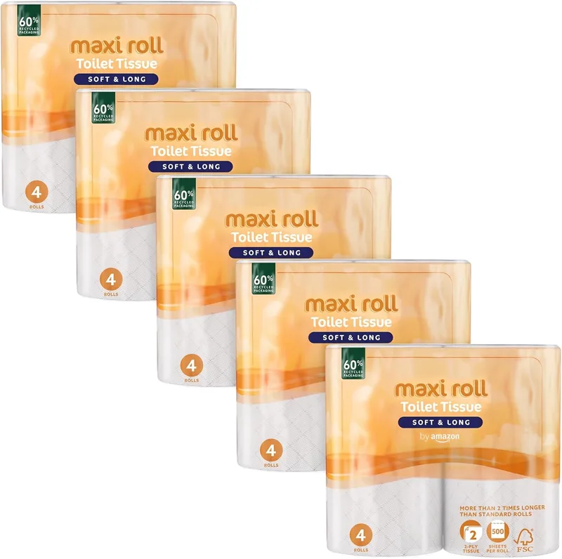 by Amazon ▫️ Maxi Toilet Roll da Amazon, acolchoado de 2 camadas, macio e duradouro, 20 rolos (5 pacotes de 4), 500 folhas por rolo, certificado pelo FSC