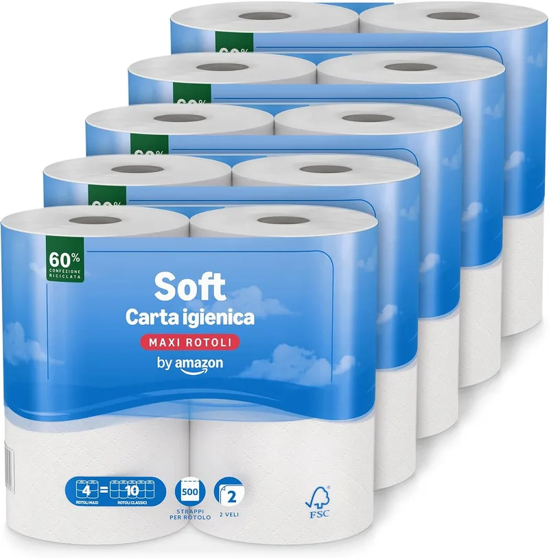 by Amazon ▫️ da Amazon – Papel higiénico (rolo grande), dupla camada, suave e delicado, 20 rolos (5 embalagens de 4), 500 folhas por rolo