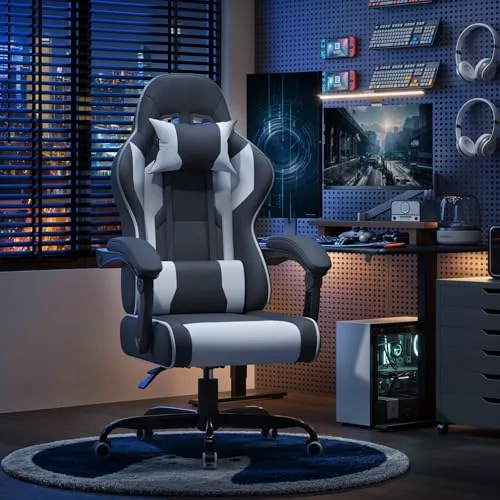Airfish ▫️ Cadeira de Gaming Ergonómica com Massajador - Cadeira de Escritório Ajustável com Apoio para a Cabeça, Encosto Reclinável de 90 a 150°, Capacidade de Carga de 150 kg - Cadeira de Gaming com Rodas Silenciosas (Branca) 2