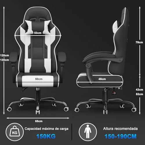 Airfish ▫️ Cadeira de Gaming Ergonómica com Massajador - Cadeira de Escritório Ajustável com Apoio para a Cabeça, Encosto Reclinável de 90 a 150°, Capacidade de Carga de 150 kg - Cadeira de Gaming com Rodas Silenciosas (Branca) 3