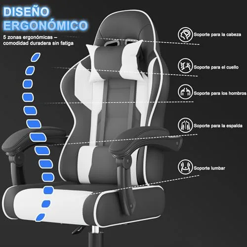 Airfish ▫️ Cadeira de Gaming Ergonómica com Massajador - Cadeira de Escritório Ajustável com Apoio para a Cabeça, Encosto Reclinável de 90 a 150°, Capacidade de Carga de 150 kg - Cadeira de Gaming com Rodas Silenciosas (Branca) 5
