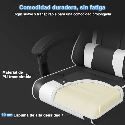 Airfish ▫️ Cadeira de Gaming Ergonómica com Massajador - Cadeira de Escritório Ajustável com Apoio para a Cabeça, Encosto Reclinável de 90 a 150°, Capacidade de Carga de 150 kg - Cadeira de Gaming com Rodas Silenciosas (Branca) 6