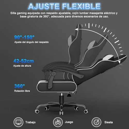 Airfish ▫️ Cadeira de Gaming Ergonómica com Massajador - Cadeira de Escritório Ajustável com Apoio para a Cabeça, Encosto Reclinável de 90 a 150°, Capacidade de Carga de 150 kg - Cadeira de Gaming com Rodas Silenciosas (Branca) 7