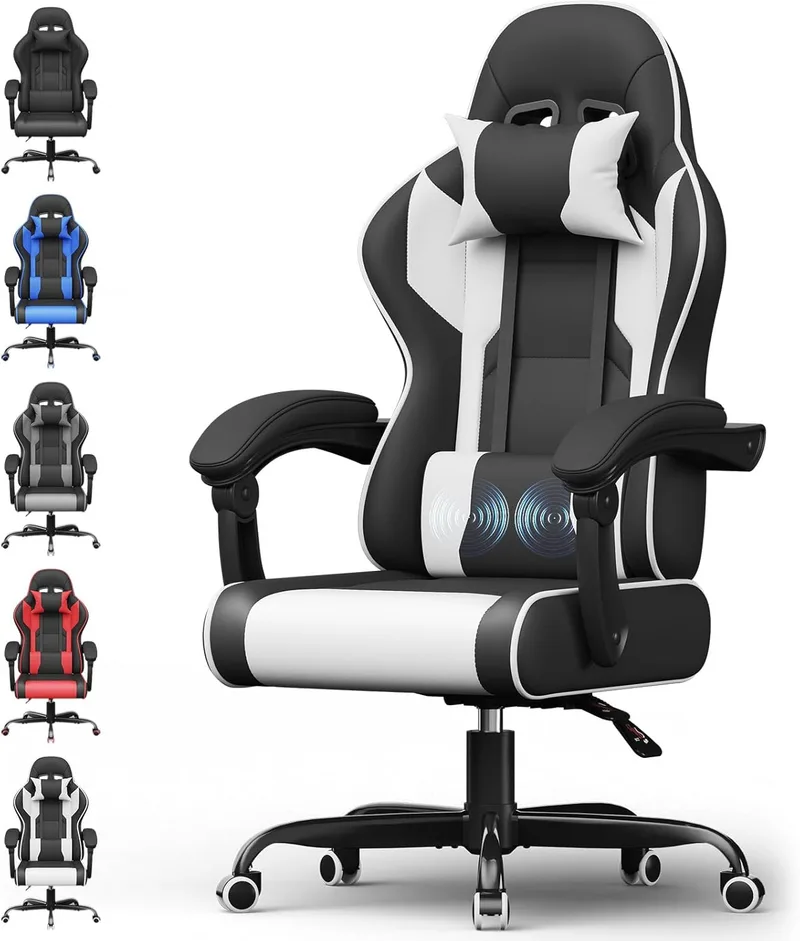 Airfish ▫️ Cadeira de Gaming Ergonómica com Massajador - Cadeira de Escritório Ajustável com Apoio para a Cabeça, Encosto Reclinável de 90 a 150°, Capacidade de Carga de 150 kg - Cadeira de Gaming com Rodas Silenciosas (Branca)